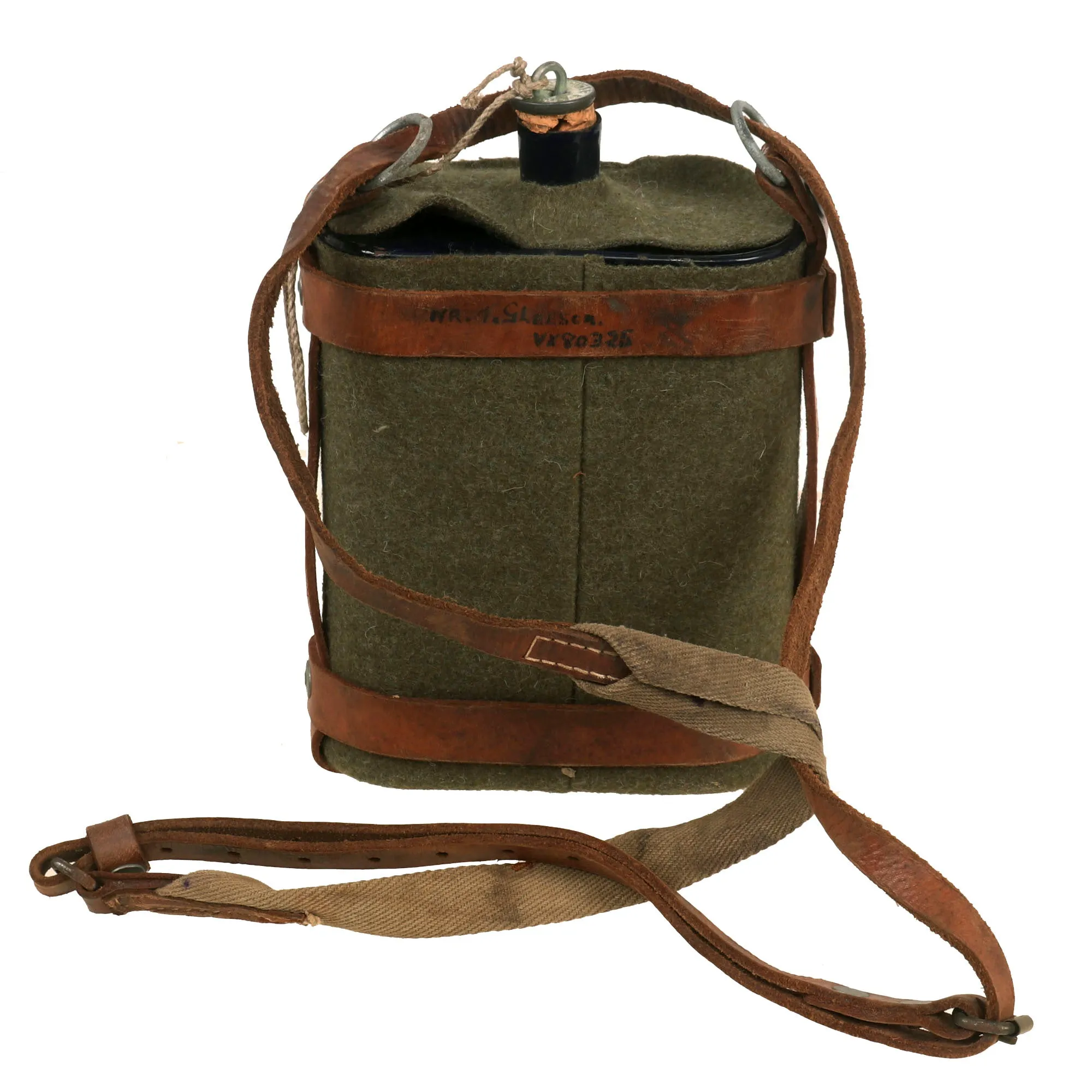 Original Australian WWII Named Convict’s Mounted Cavalry Blue Enamel Canteen With Leather Carrier and Shoulder Strap - 1st Australian Anti-Aircraft