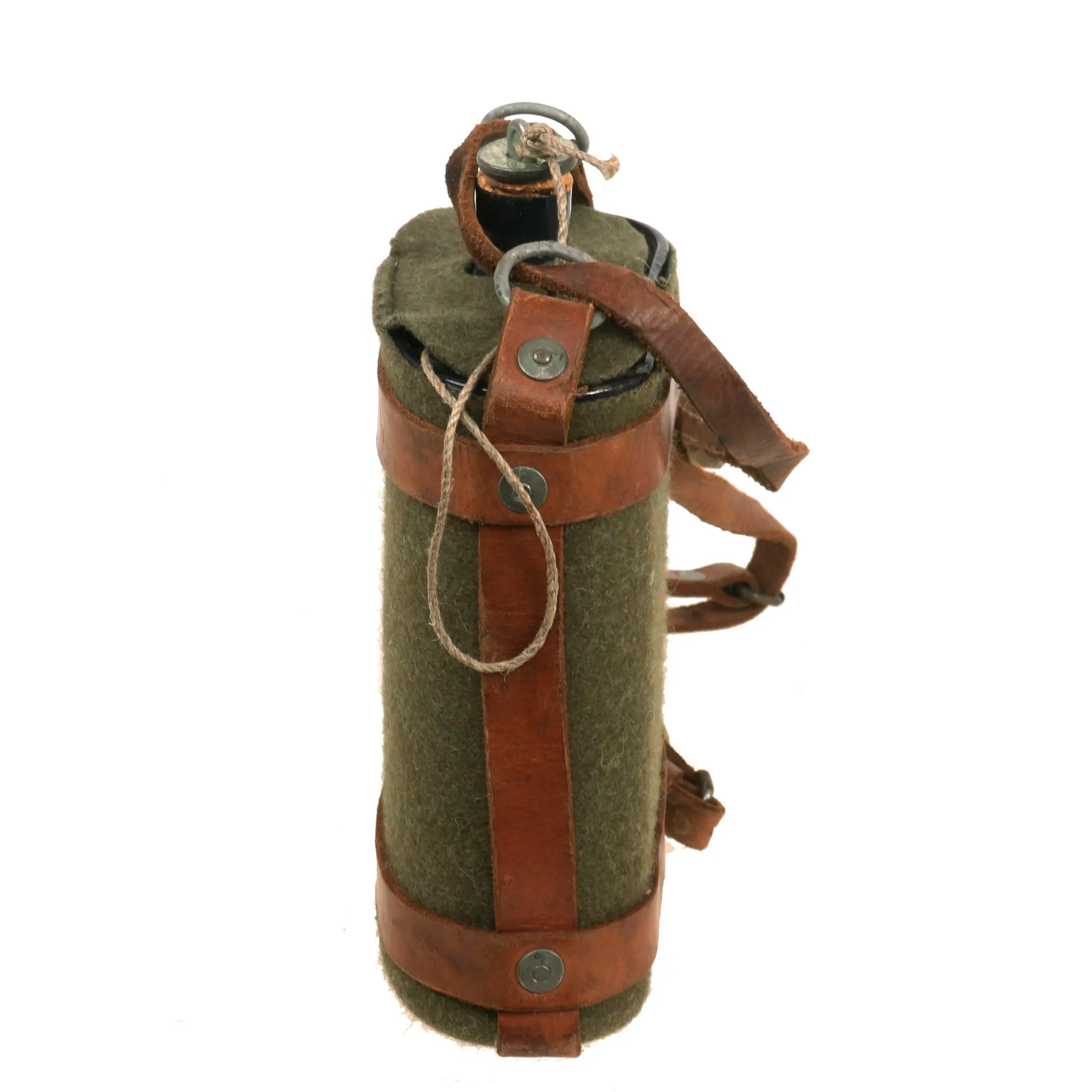 Original Australian WWII Named Convict’s Mounted Cavalry Blue Enamel Canteen With Leather Carrier and Shoulder Strap - 1st Australian Anti-Aircraft