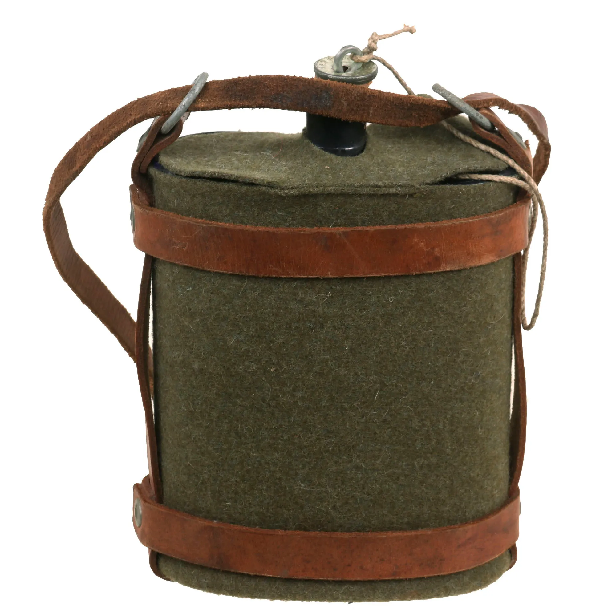 Original Australian WWII Named Convict’s Mounted Cavalry Blue Enamel Canteen With Leather Carrier and Shoulder Strap - 1st Australian Anti-Aircraft