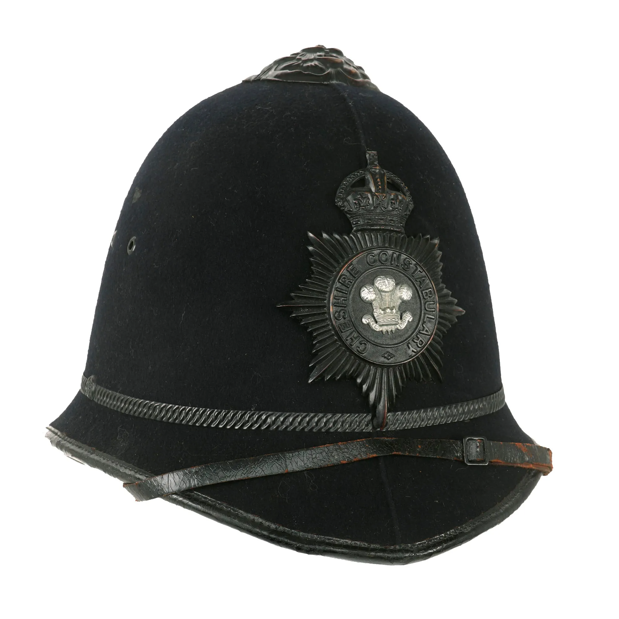 Original British WWII Era King’'s Crown Rose Top Cheshire Constabulary, Macclesfield Motor Patrol “Blackout” Police Bobby Helmet - size 7 ¼