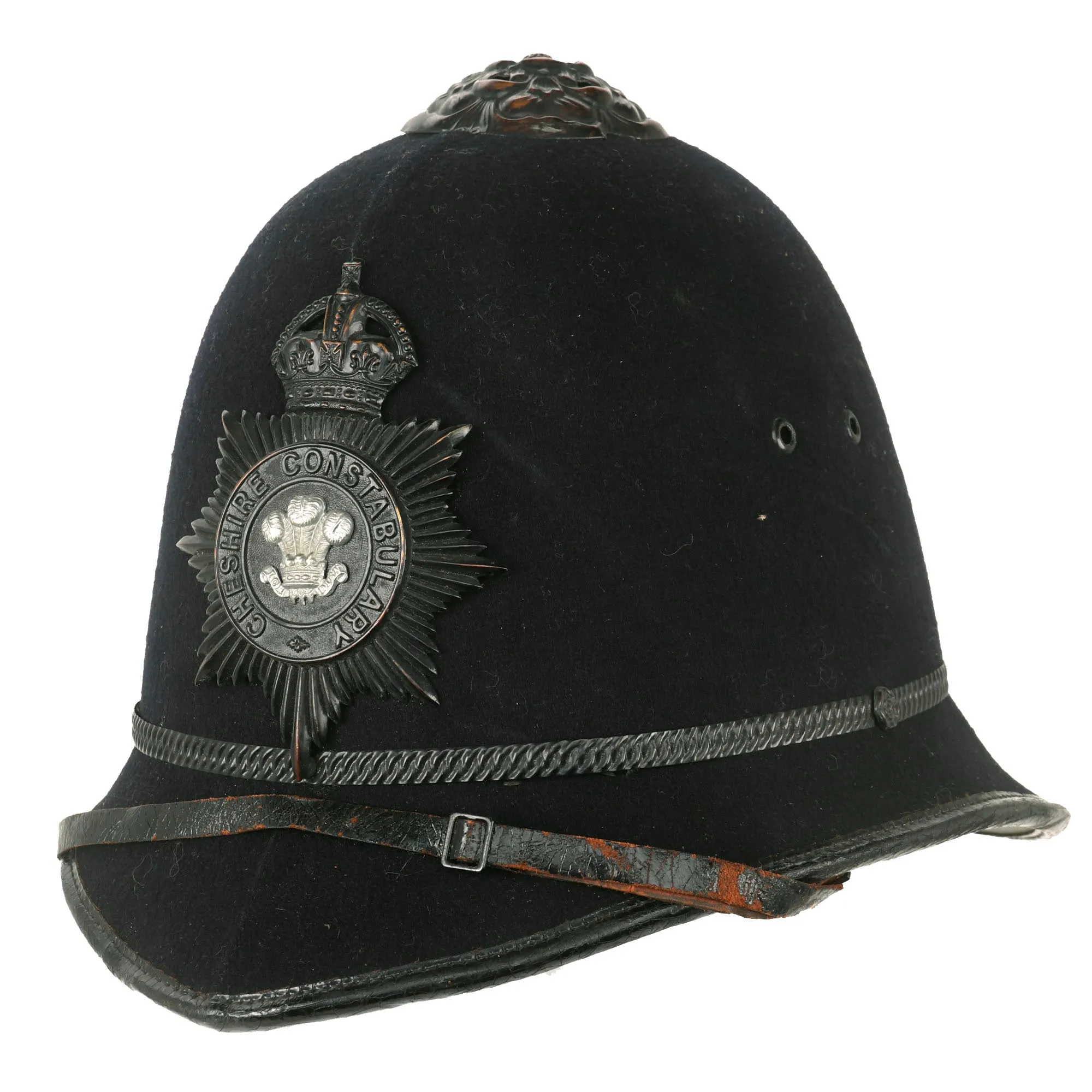 Original British WWII Era King’'s Crown Rose Top Cheshire Constabulary, Macclesfield Motor Patrol “Blackout” Police Bobby Helmet - size 7 ¼