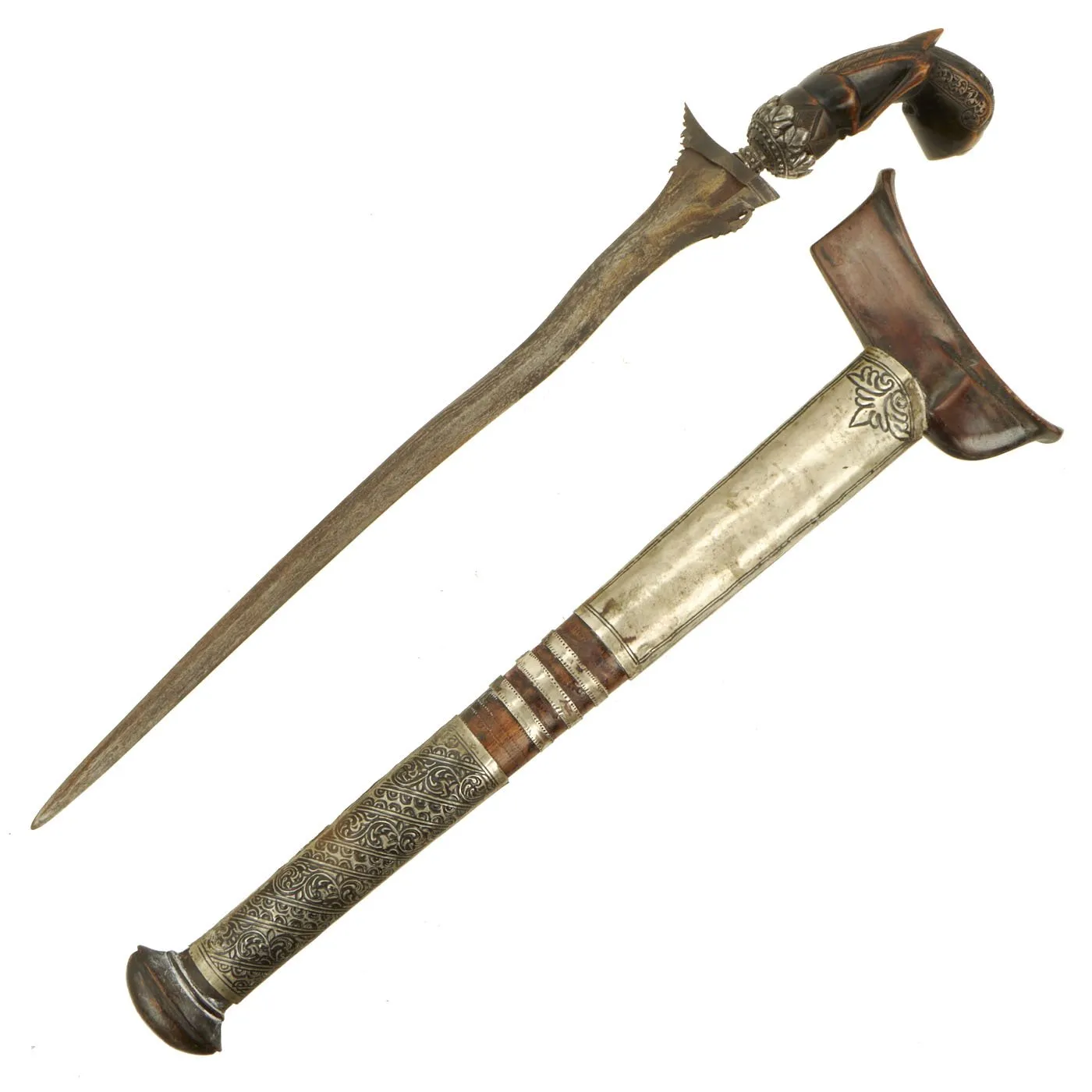 Original Dutch East Indies Kris Dagger with Carved Handle in Scabbard from the Island of Java - circa 1850