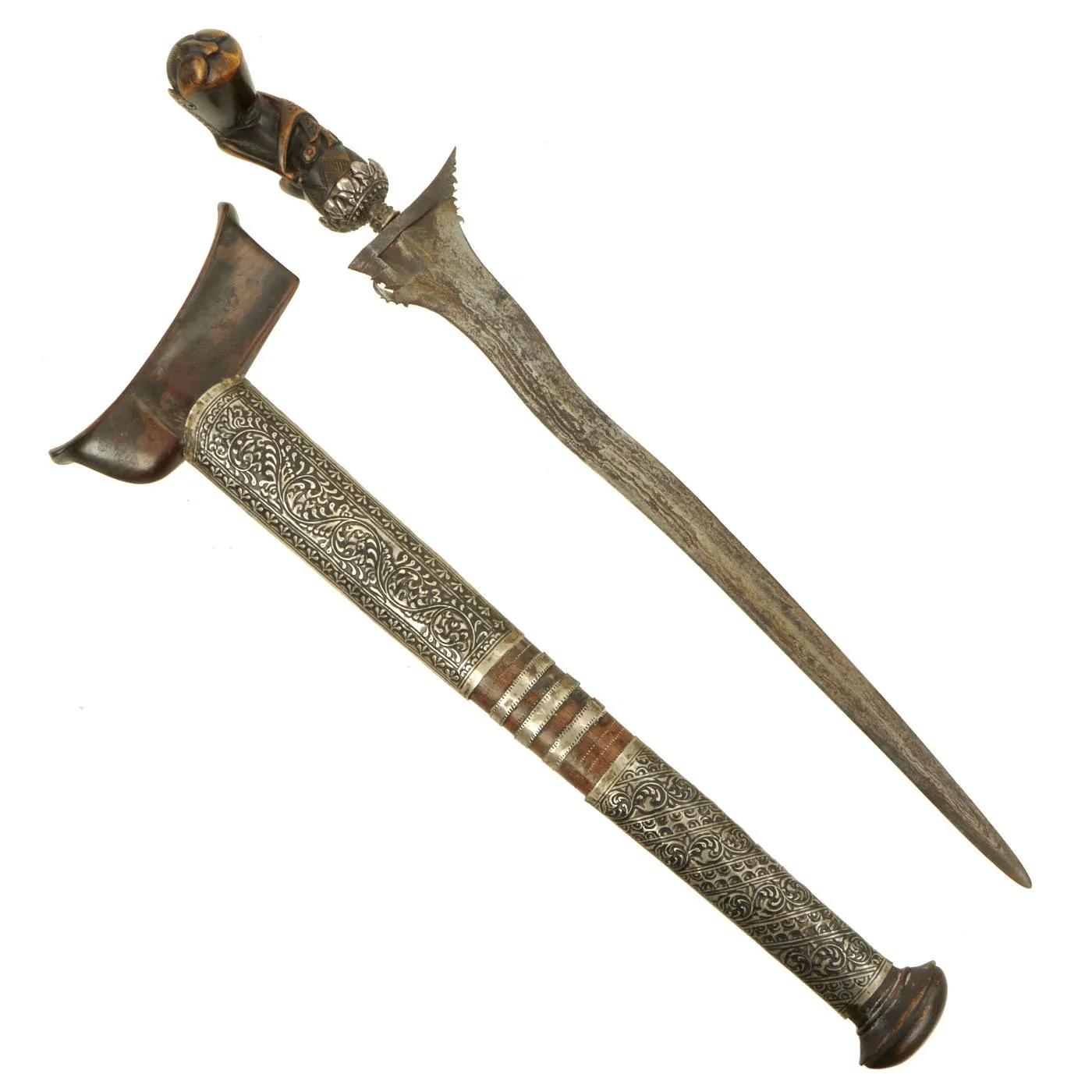 Original Dutch East Indies Kris Dagger with Carved Handle in Scabbard from the Island of Java - circa 1850