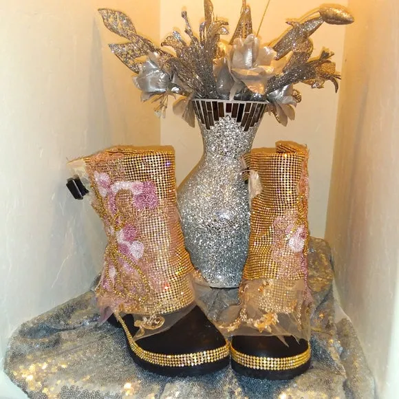 "BROOKS" Black & Gold Crystal Lace Motorcycle Boots