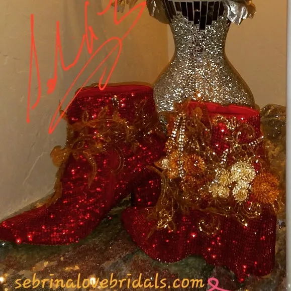 "COLETTE" Red Crystal Diamante & Gold Lace Ankle Booties