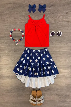 Red Bow Tank & Blue Stars Skirt Set