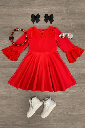 Red Lace Bell Sleeve Dress