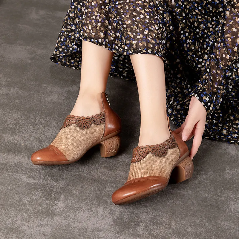 Retro Hand-Carved Stitching Pumps Women's Chunky Shoes