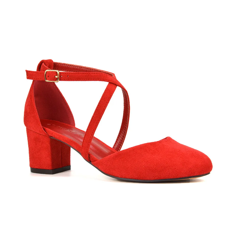 Riana Closed Toe Mid Block Heel Sandal Court Shoes in Red Faux Suede