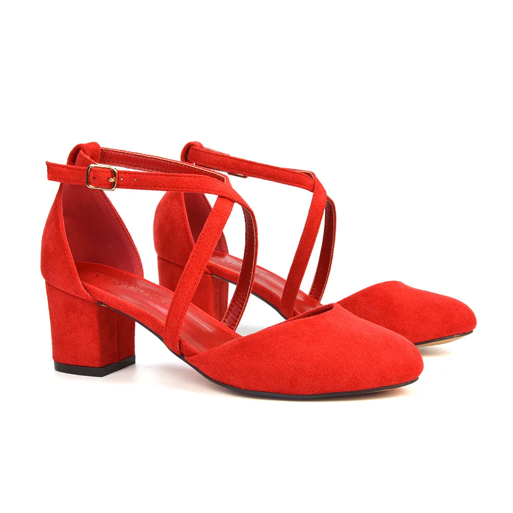 Riana Closed Toe Mid Block Heel Sandal Court Shoes in Red Faux Suede