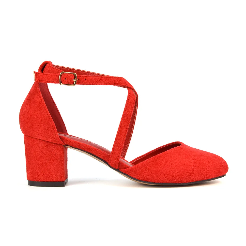 Riana Closed Toe Mid Block Heel Sandal Court Shoes in Red Faux Suede