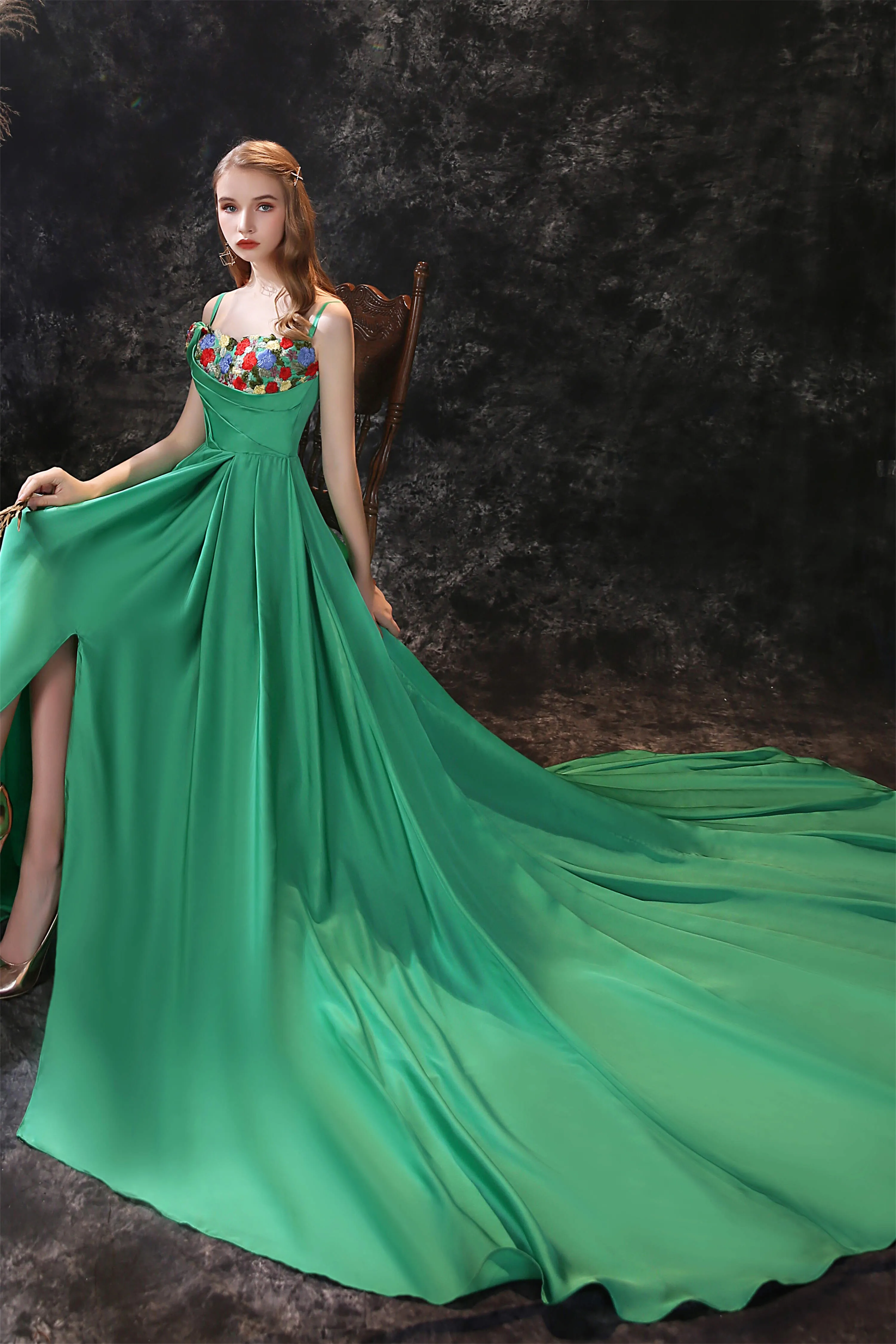 Satin Floral Applique High Split A Line Court Train Prom Dresses