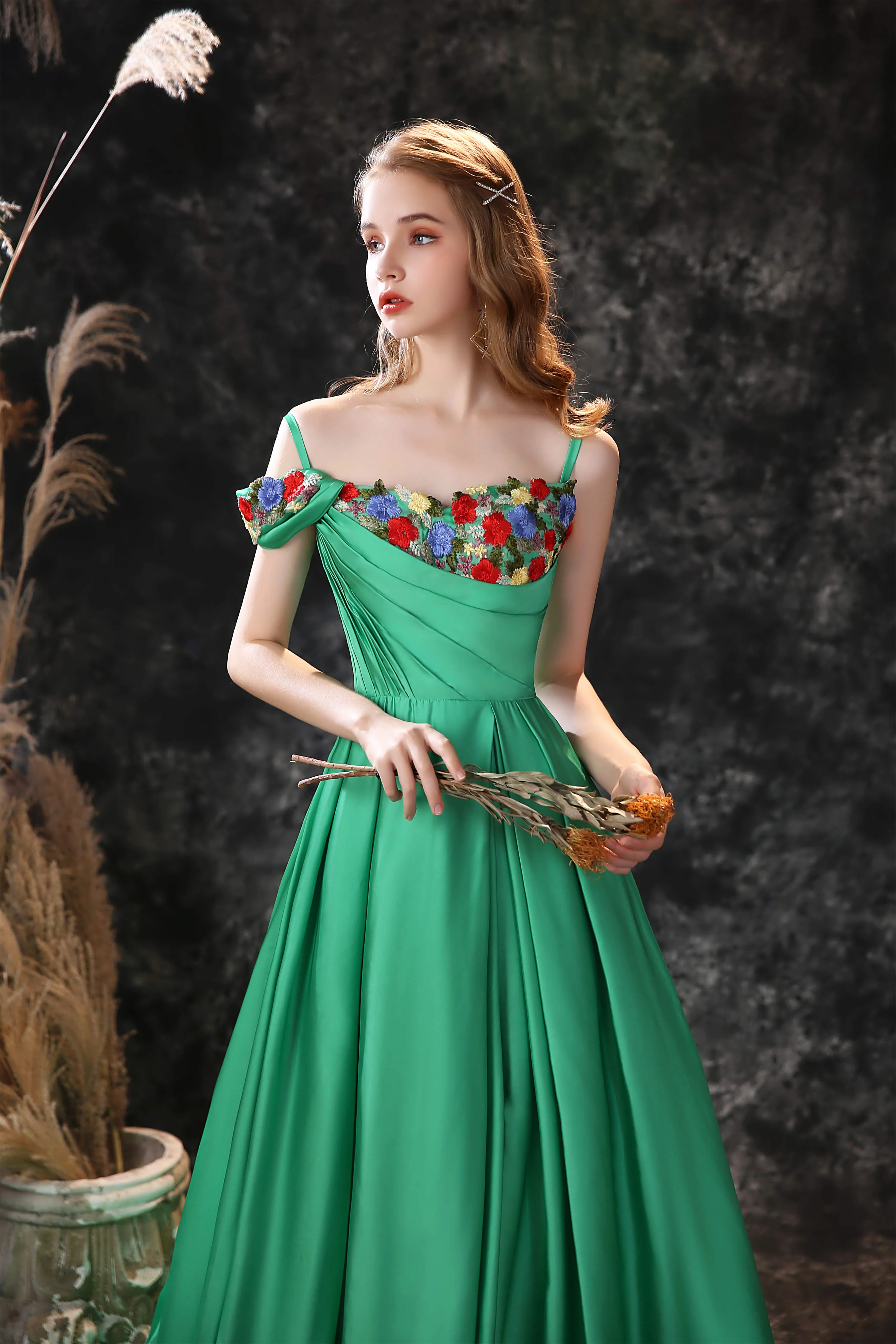 Satin Floral Applique High Split A Line Court Train Prom Dresses