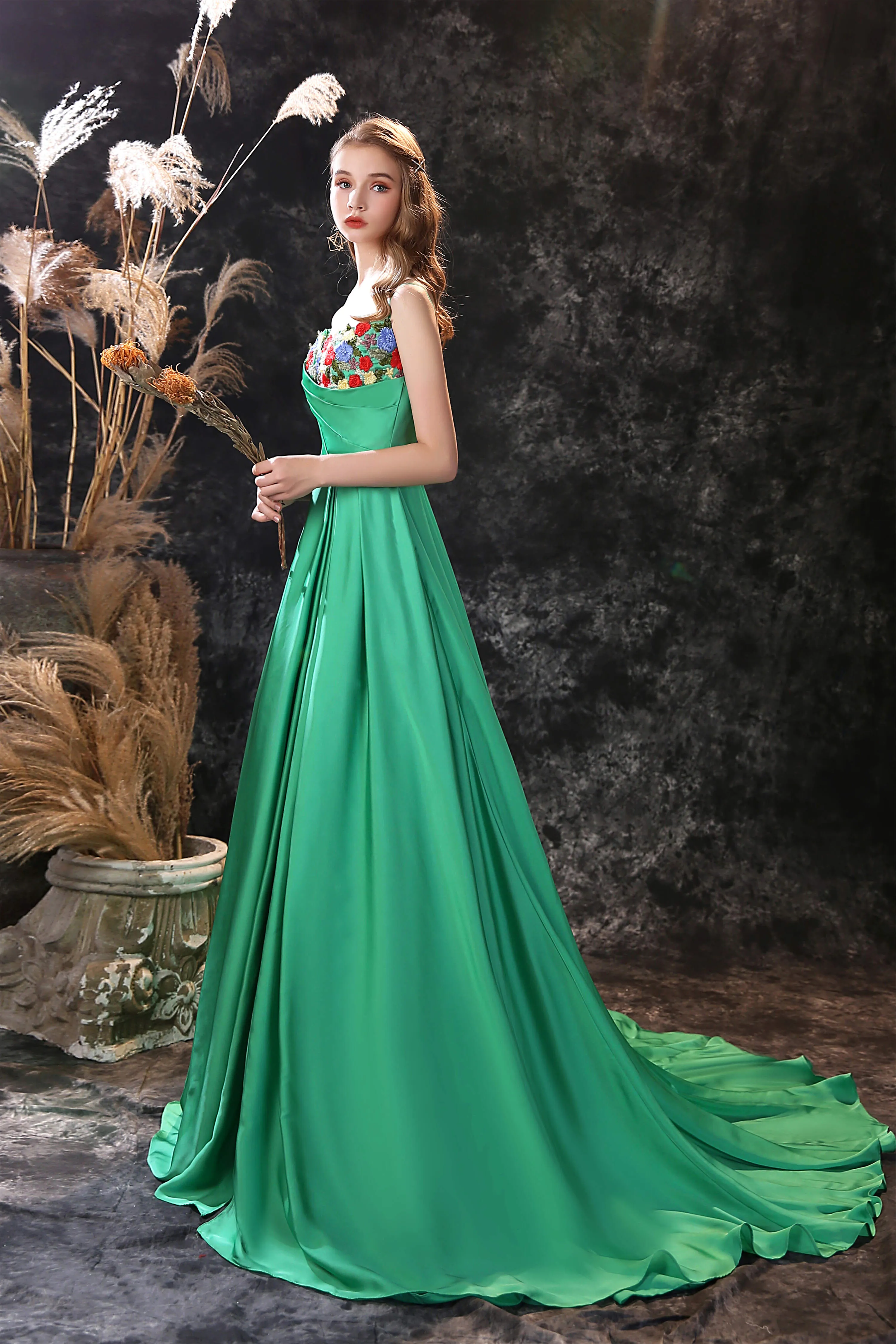 Satin Floral Applique High Split A Line Court Train Prom Dresses