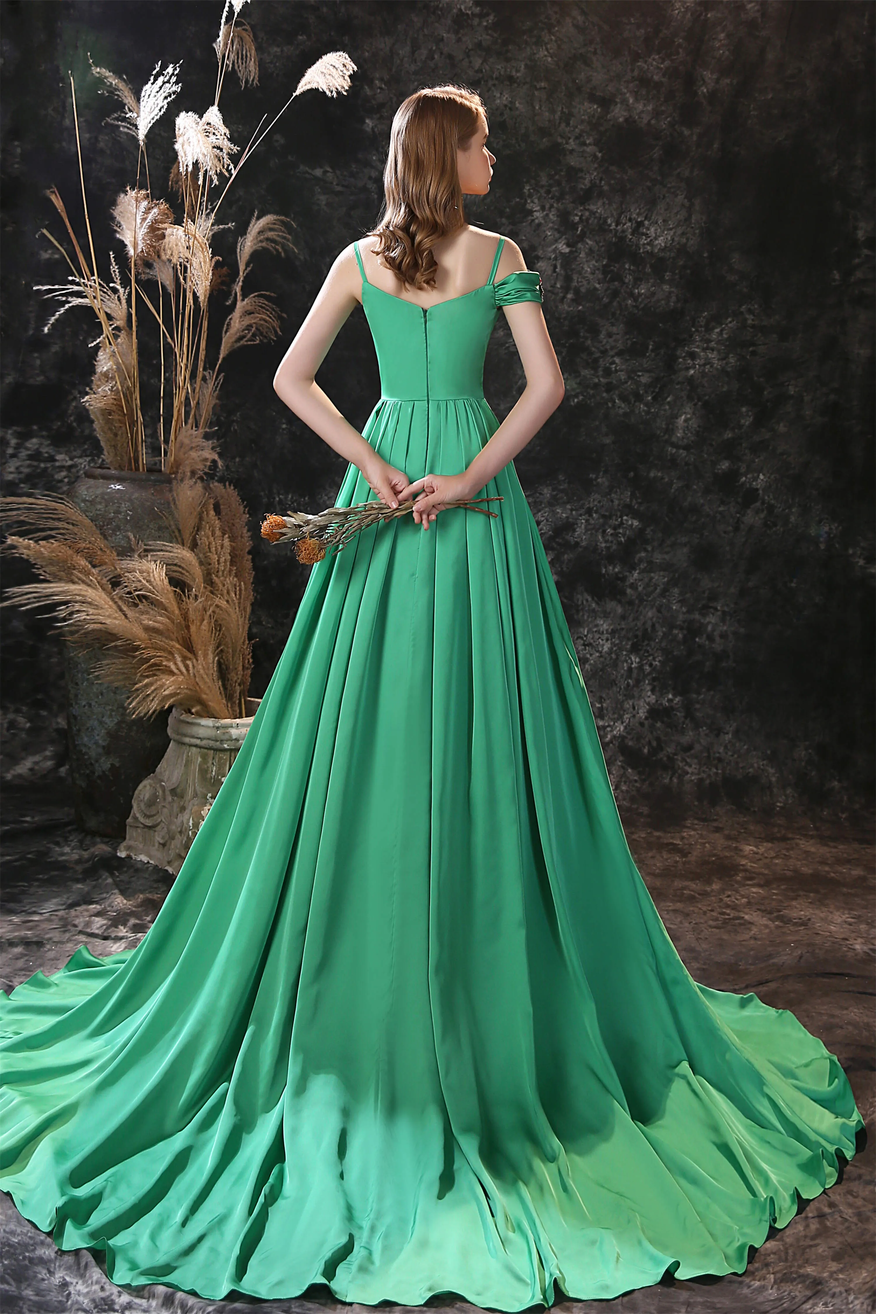 Satin Floral Applique High Split A Line Court Train Prom Dresses