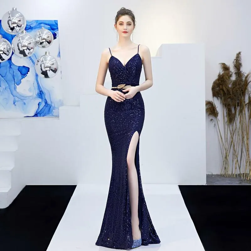 Sequined Evening Pageant  V-Neck Sleeveless Mermaid Gown