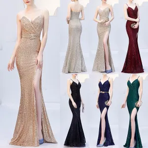 Sequined Evening Pageant  V-Neck Sleeveless Mermaid Gown