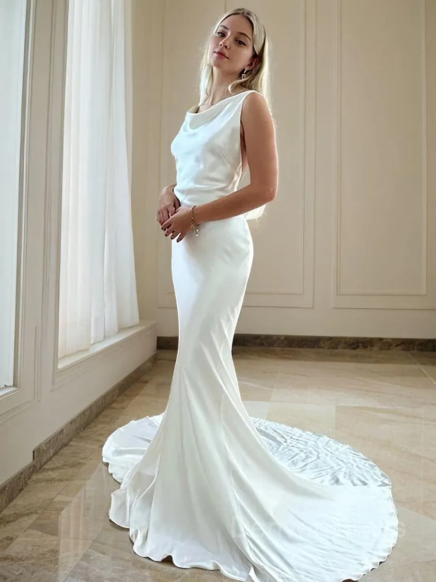 Sheath Scoop Court Train Silk like Satin Wedding Dresses