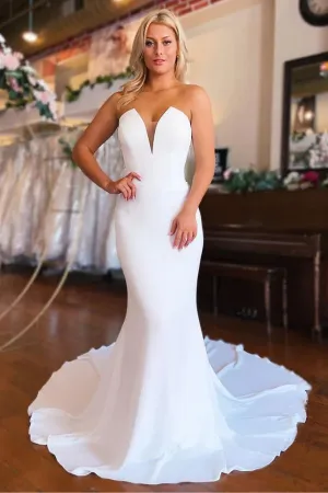 Strapless White Satin Mermaid Wedding Dress Simple Bridal Gown