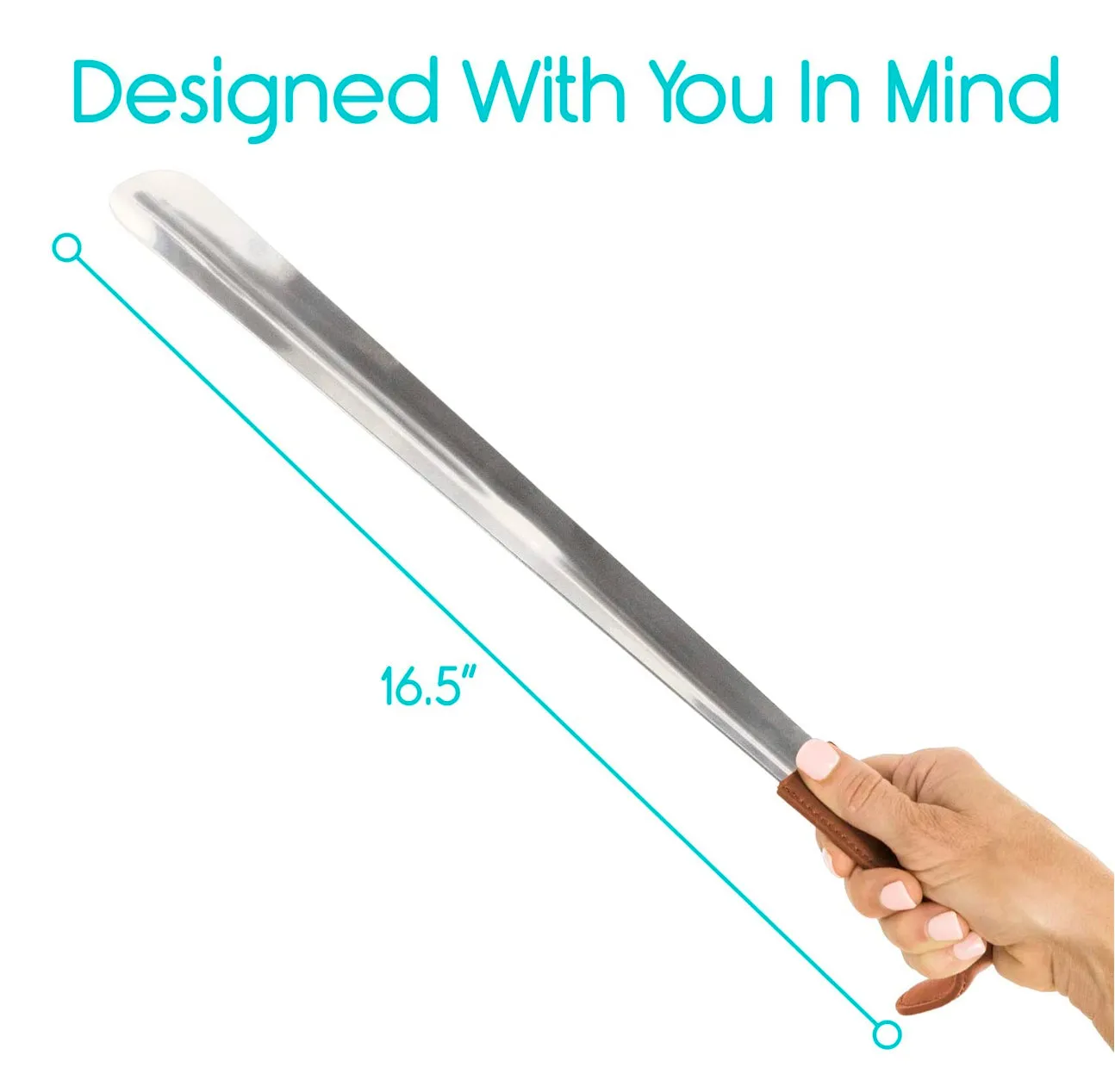 Vive Long Shoe Horn (16.5 Inch) - Metal Shoehorn  Dress Assist, Large Extended Mobility Reach Stainless Steel Leather Handle