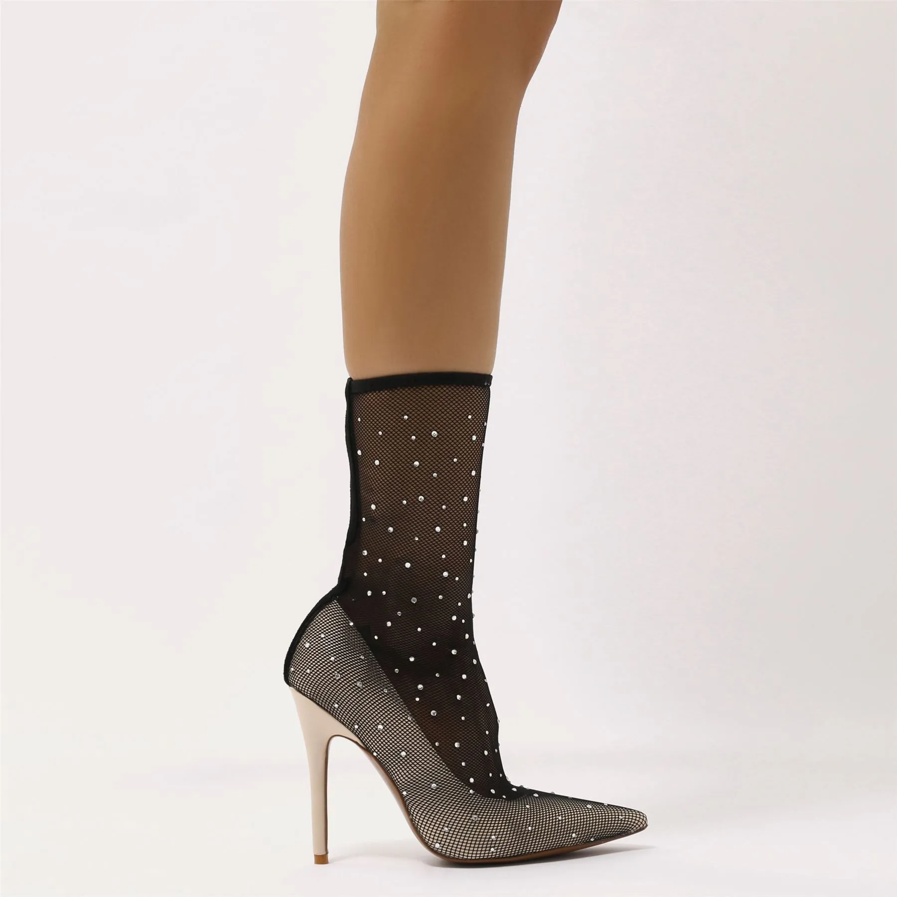 Vogue Diamante Fishnet Pointed Court Stilettos in Nude